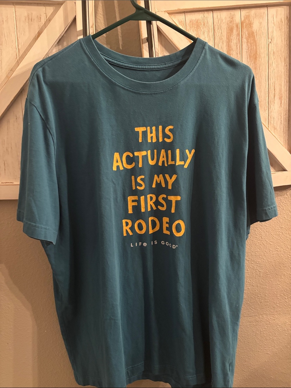 Life Is Good Teal Graphic Tee with Yellow Rodeo Text ptp 23